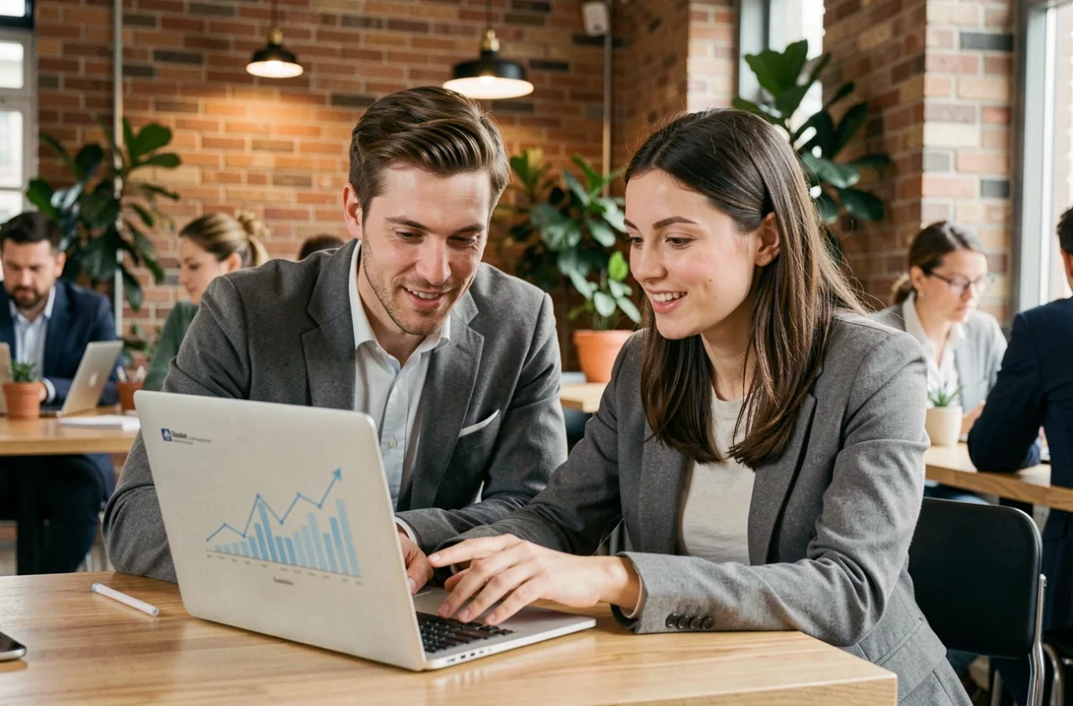 Deux collègues discutant des avantages d'un abonnement magazine business sur ordinateur portable dans un café moderne