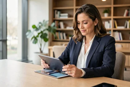 Femme professionnelle consultant un abonnement magazine business sur tablette dans un bureau moderne en 2026