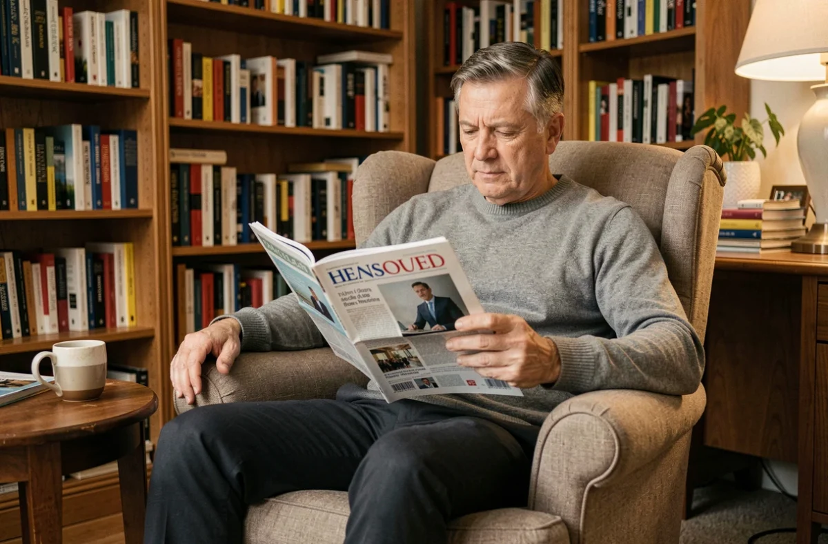Homme lisant un abonnement à un magazine business dans un bureau à domicile confortable et authentique