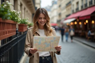 Femme consultant une carte en plein air dans une rue pavée haussmannienne de Paris pour trouver des activités à faire en Île-de-France