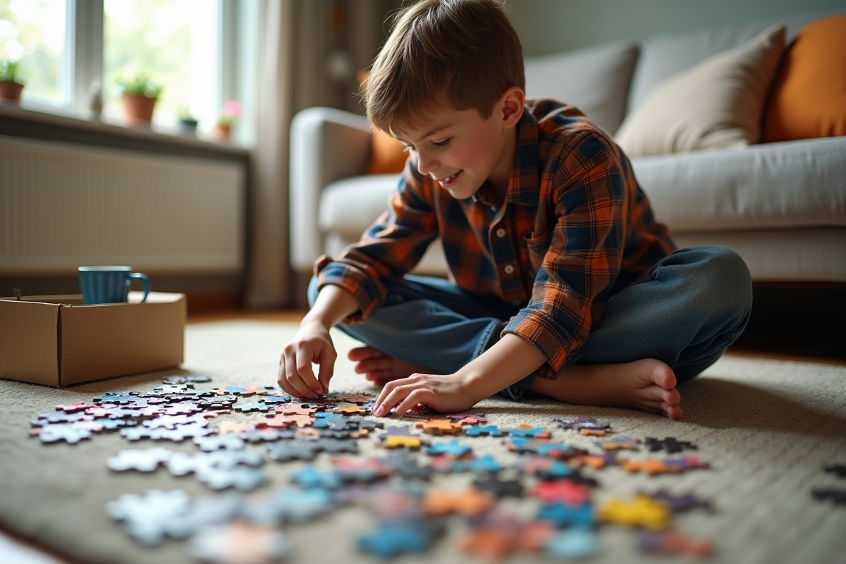 Adolescent cherche une pièce de puzzle dans un salon familial