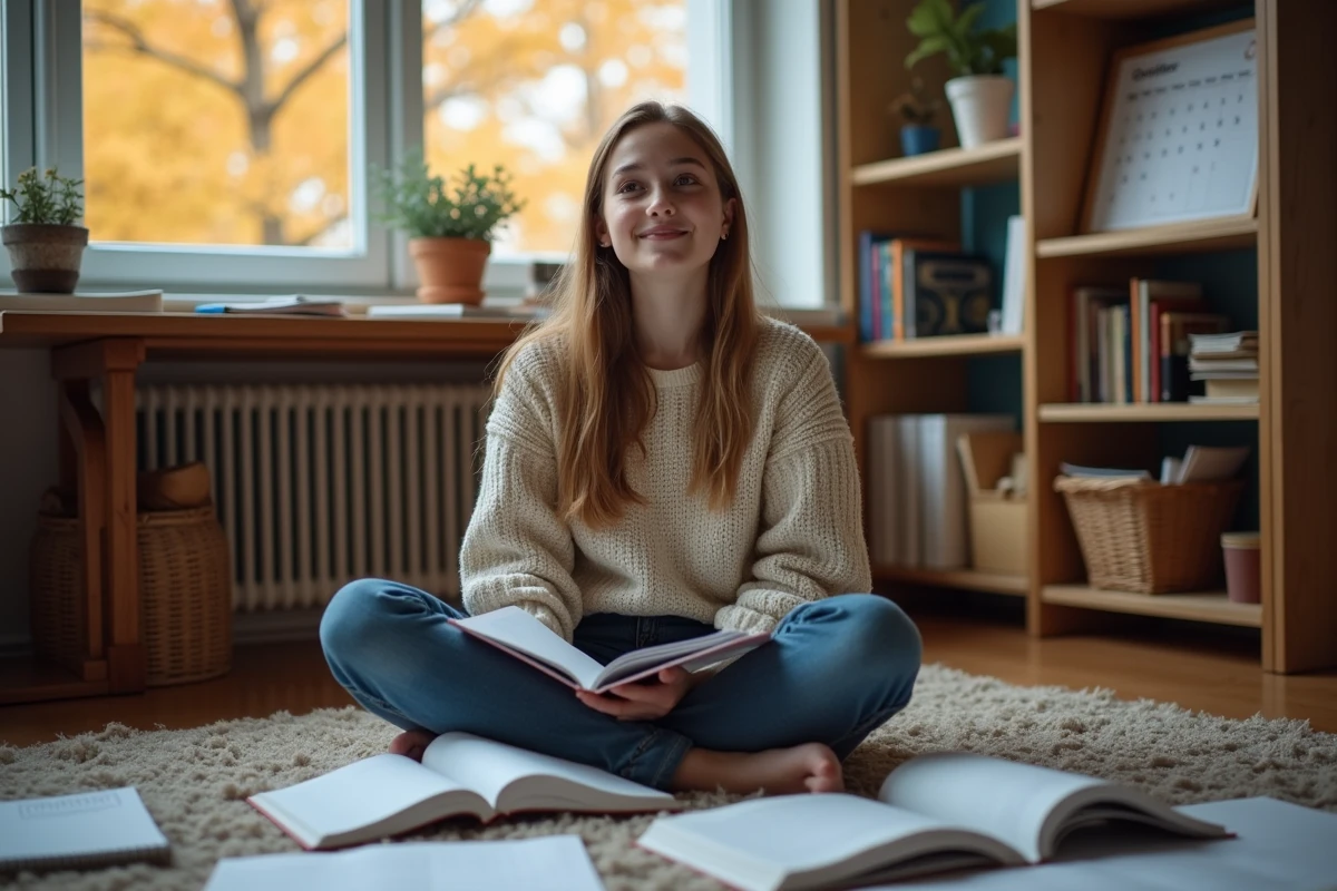 Adolescente dans sa chambre consultant un calendrier pour les dates des vacances scolaires d'octobre