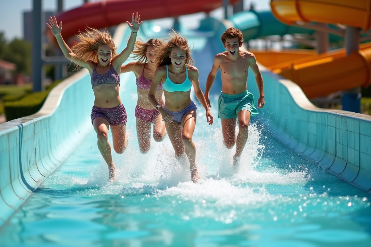 Adolescents lançant dans un toboggan aquatique en été