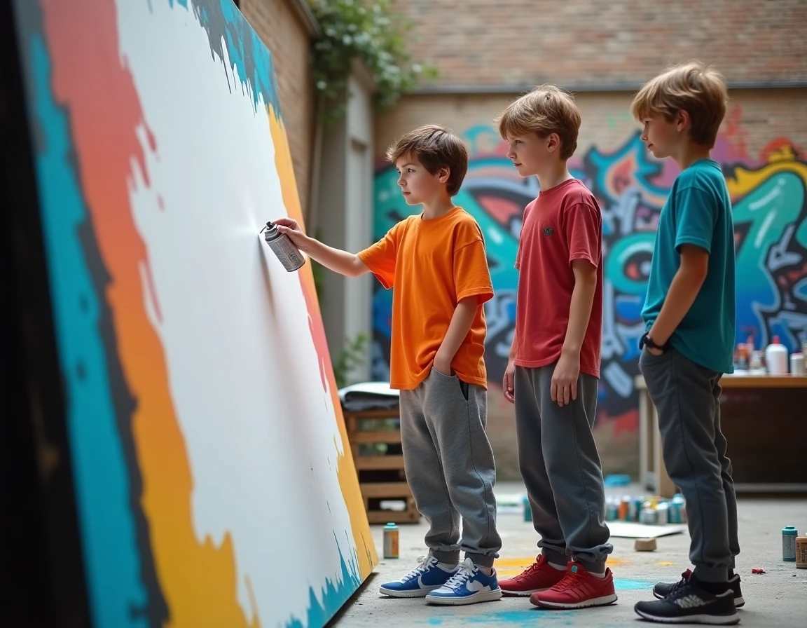 Adolescents participant à un atelier street art en plein air à Paris, activité créative pour 12-17 ans
