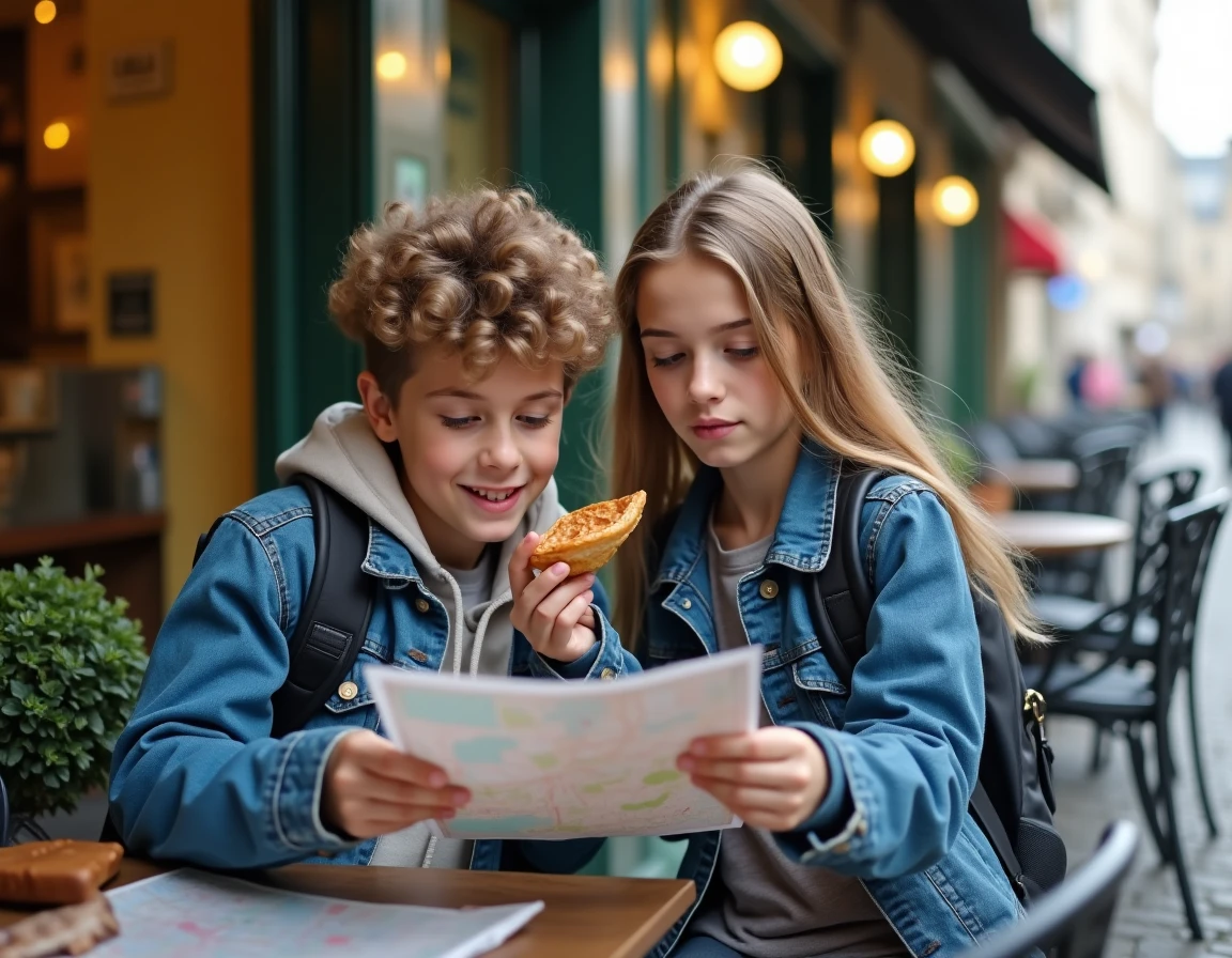 Deux adolescents explorant Paris avec une carte, sortie en ville pour jeunes de 12 à 17 ans