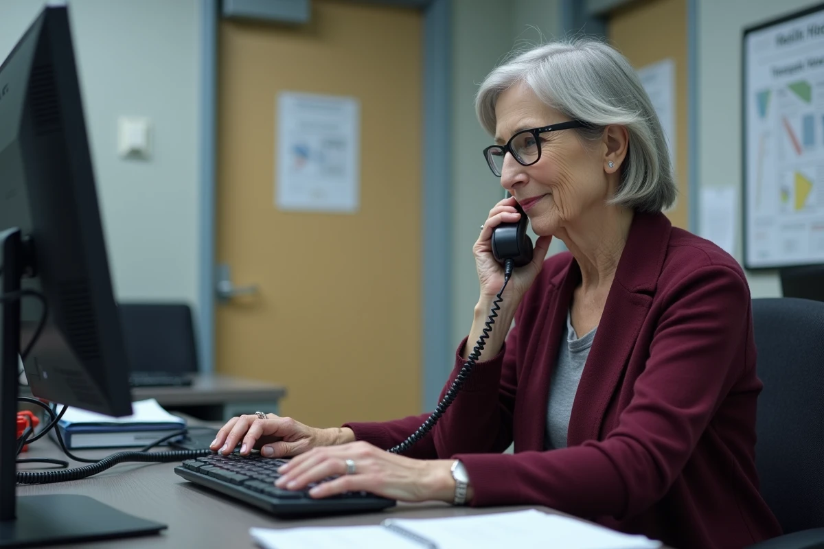 Agente administrative en cardigan bordeaux gérant un appel téléphonique depuis un bureau de service SNCF