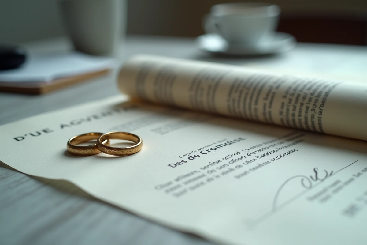 Deux alliances posées sur un bureau à côté d'un document officiel de divorce, symbole de la fin d'un mariage en France