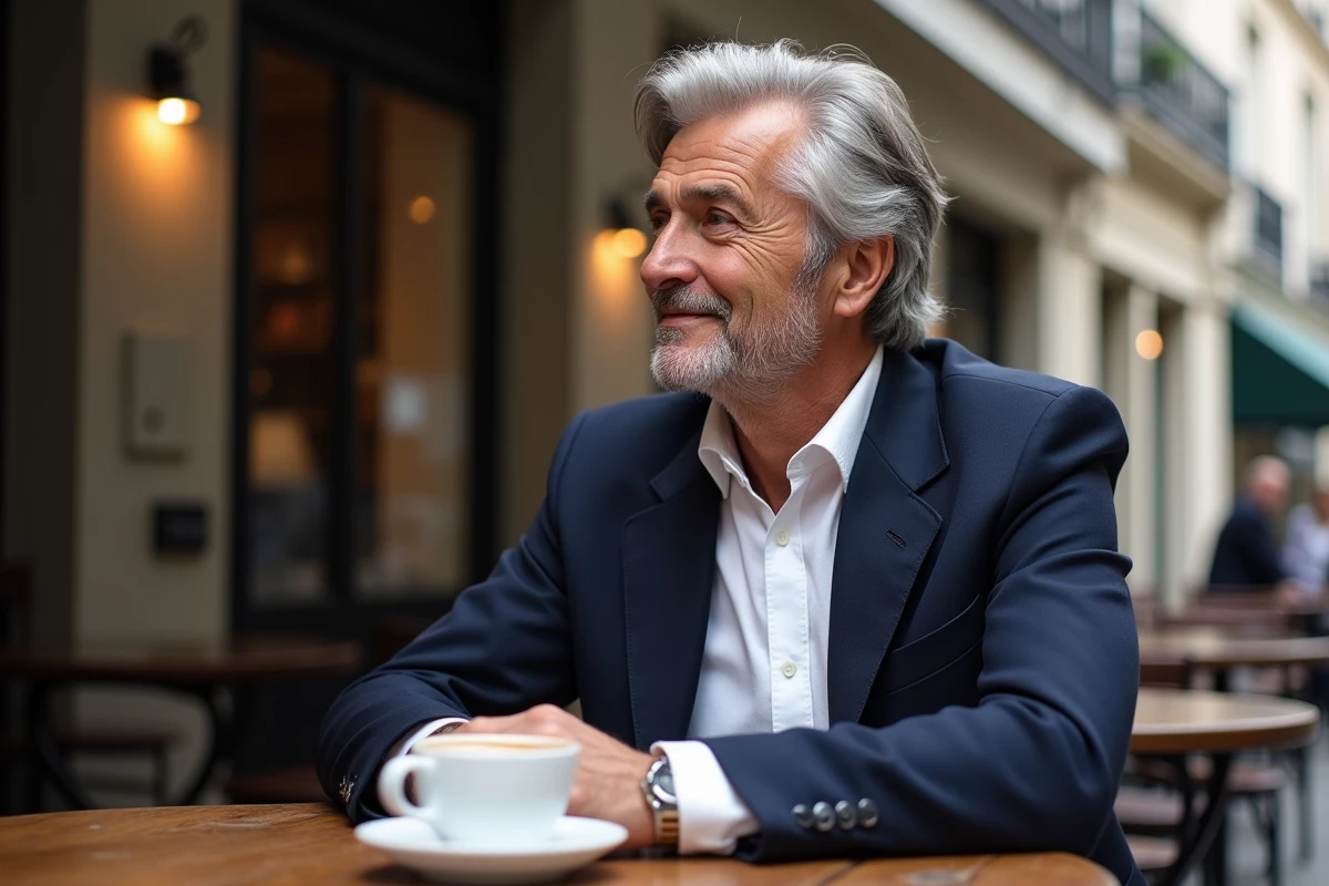 Animateur télévision élégant attablé dans un café parisien, regard pensif préservant son intimité