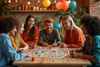 Groupe de jeunes adultes de 18 ans jouant à un jeu de société géant lors d'une fête d'anniversaire sans alcool