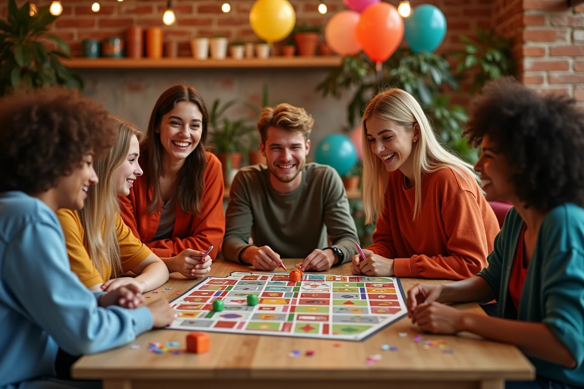 Groupe de jeunes adultes de 18 ans jouant à un jeu de société géant lors d'une fête d'anniversaire sans alcool