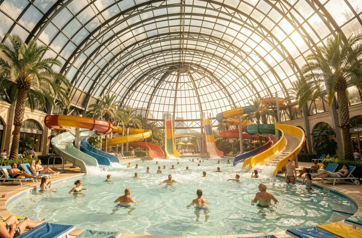 L'Aquaboulevard de Paris avec sa végétation tropicale et ses toboggans intérieurs
