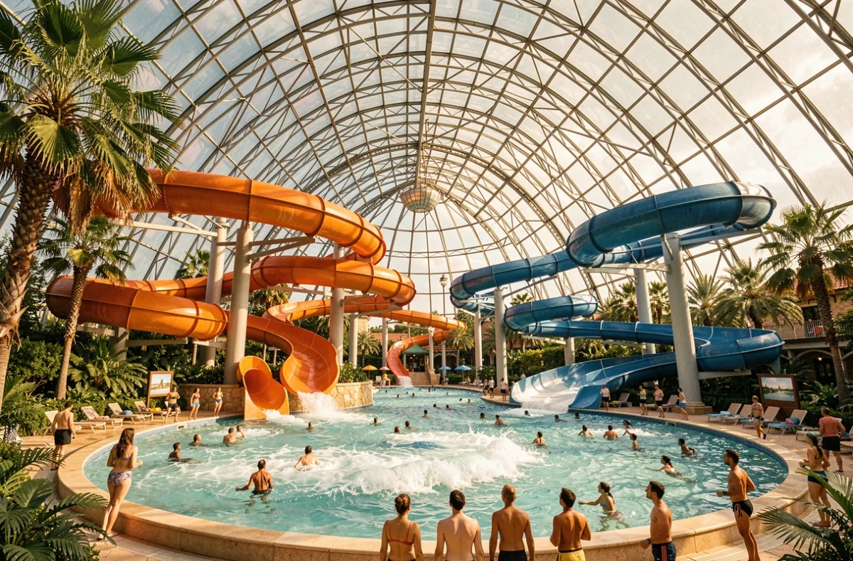 L'Aqualagon de Villages Nature Paris avec son dôme géant et ses toboggans spectaculaires