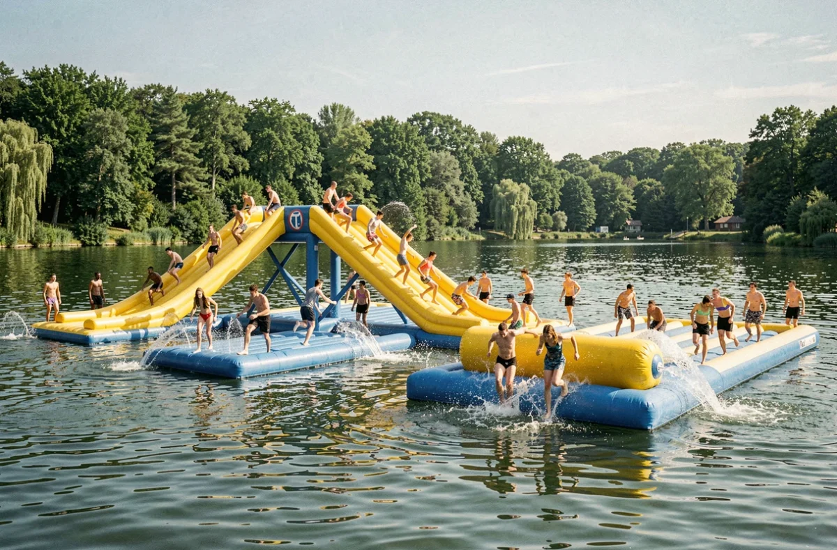 Les structures gonflables et le parcours nautique de l'Aquapark La Presqu'île sur un lac naturel