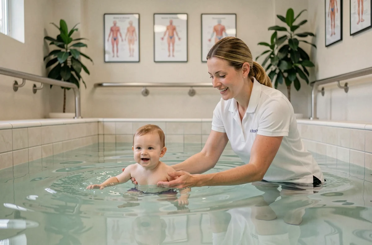 Kinésithérapeute guidant un nourrisson dans un bain thérapeutique chez Axium Kinésithérapie à Aix-en-Provence