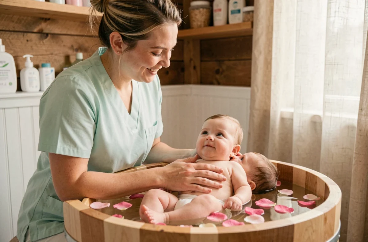 Thérapeute accompagnant un nourrisson dans un bain spa relaxant chez Baby Spa by Stéfye à Mouans-Sartoux