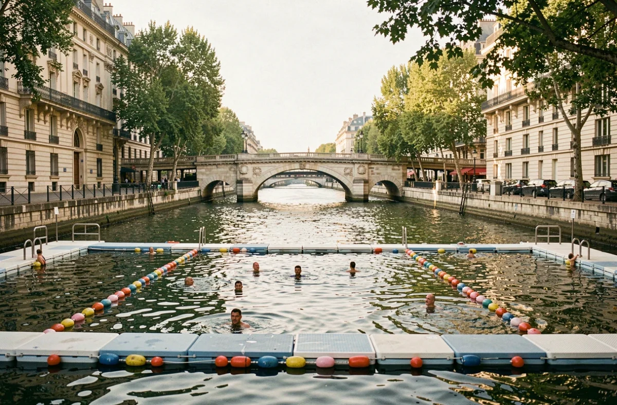 La baignade en Seine au site du Pont Louis-Philippe avec le pont historique en arrière-plan