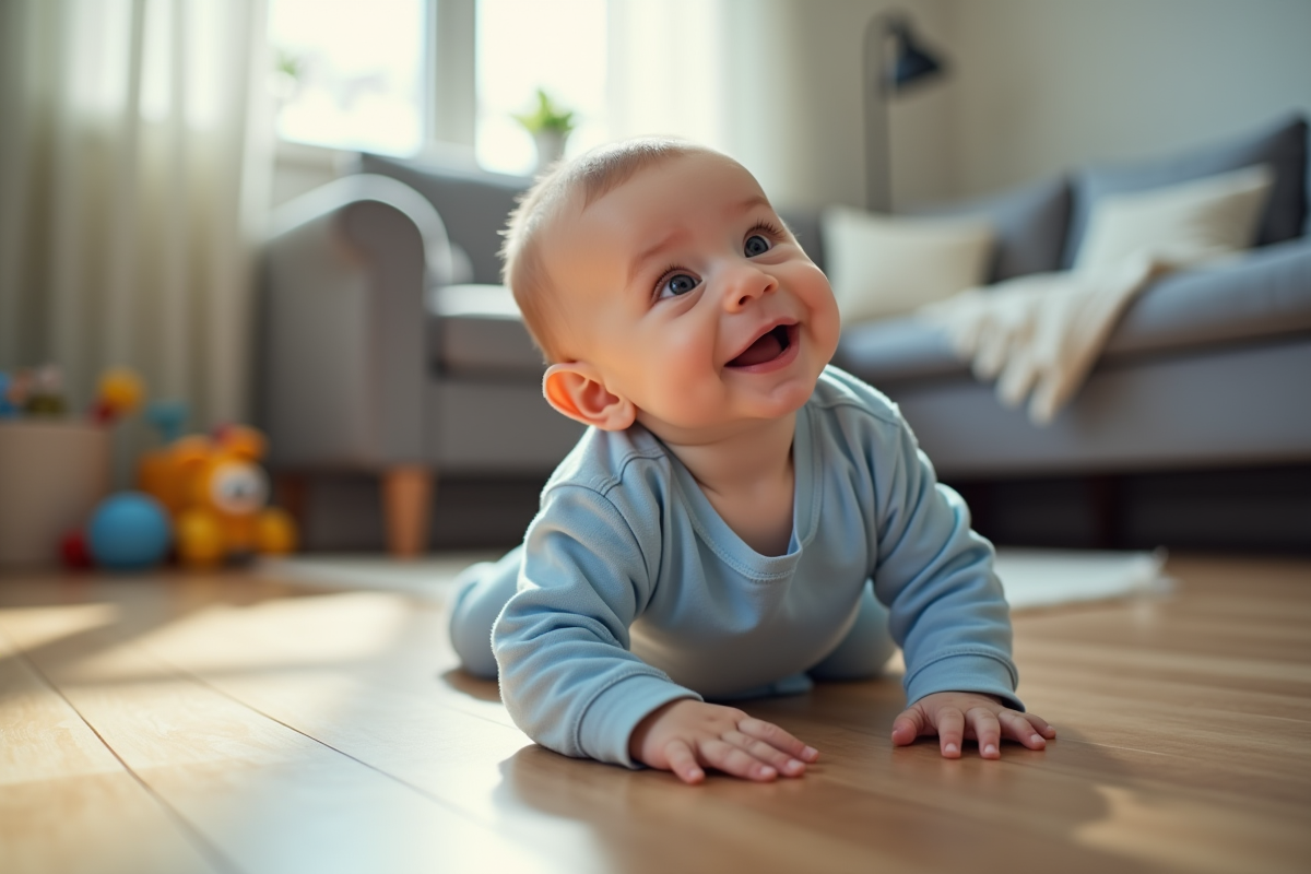 Bébé garçon curieux en body bleu dans un salon lumineux