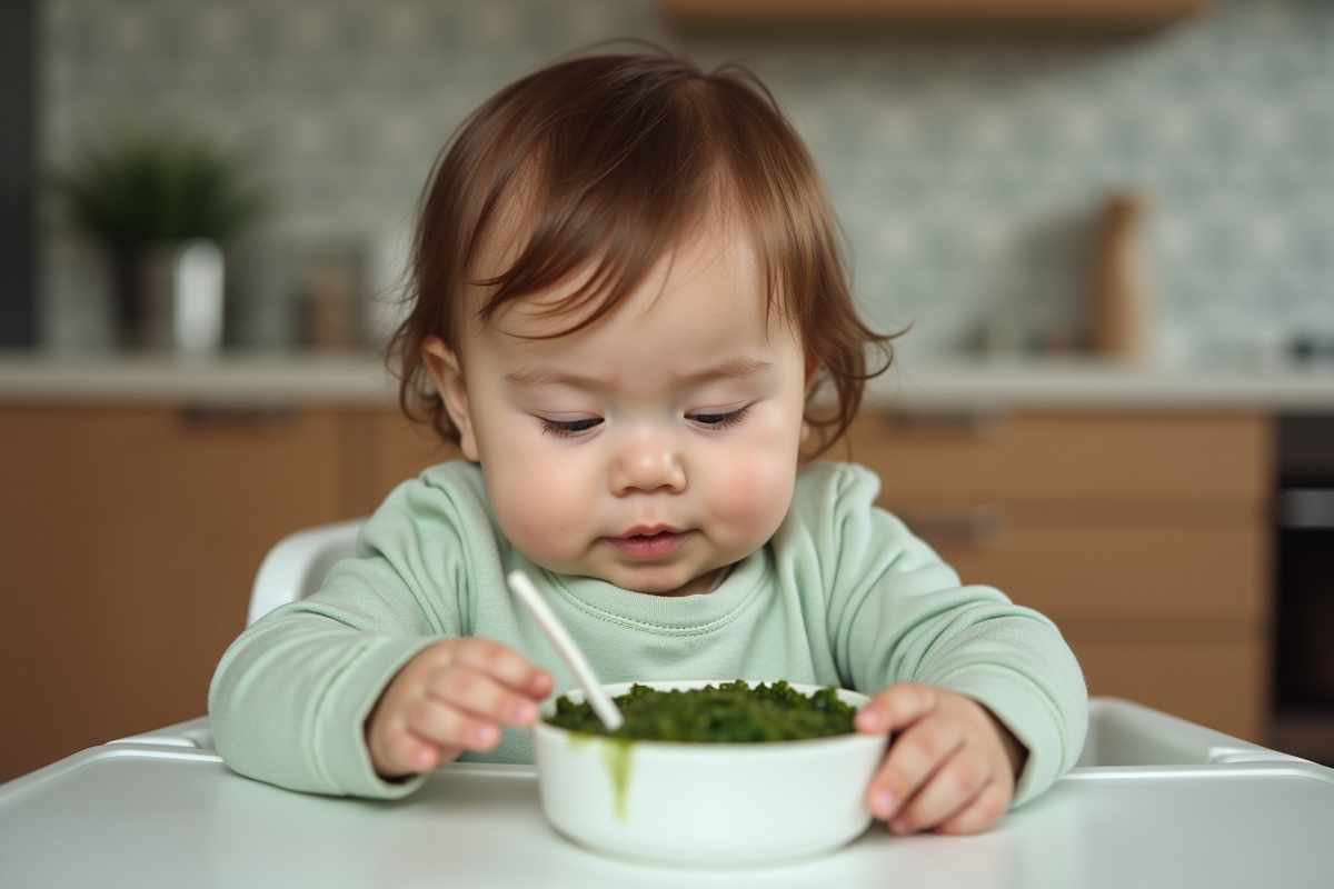 Bebe curieux mangeant des epinards dans une cuisine moderne