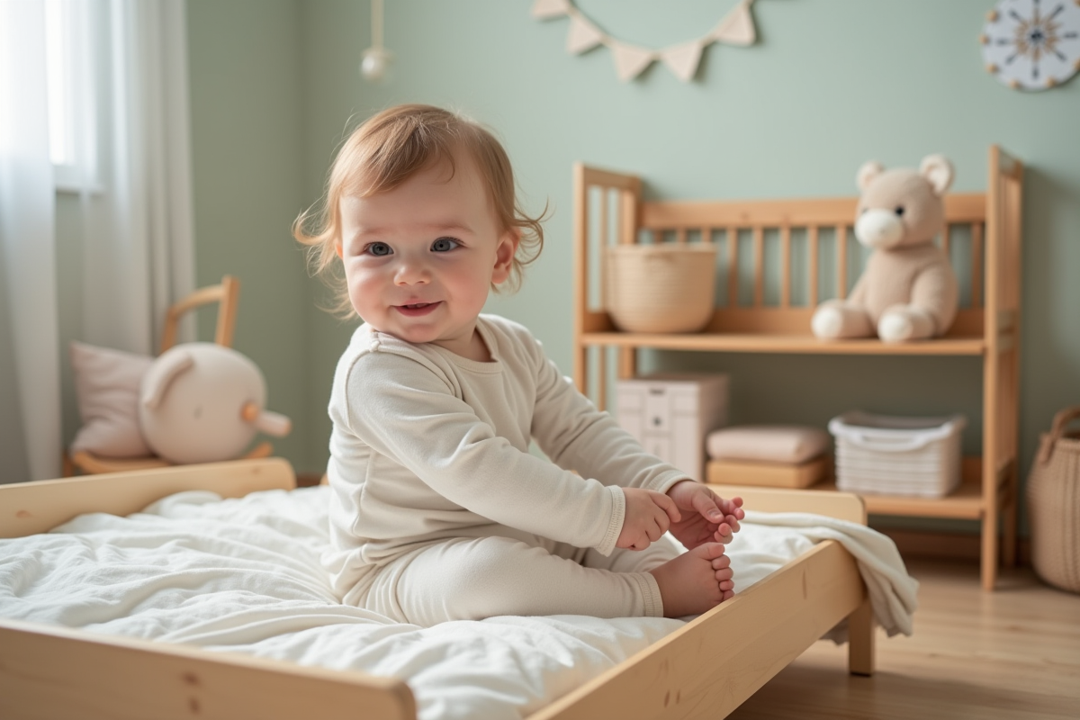 Bebe curieux en pyjama coton dans un lit Montessori