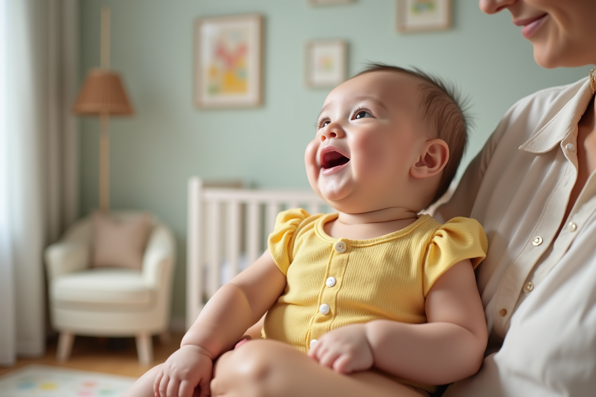 Bébé fille en robe jaune dans les bras de sa mère dans la nurserie