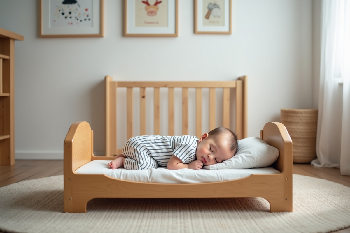 Bebe endormi dans un lit Montessori avec cadre en bois
