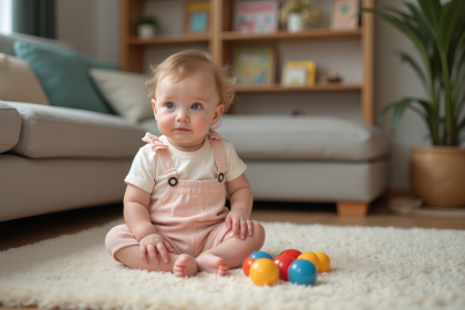 Bebe fille de 14 mois dans un salon chaleureux