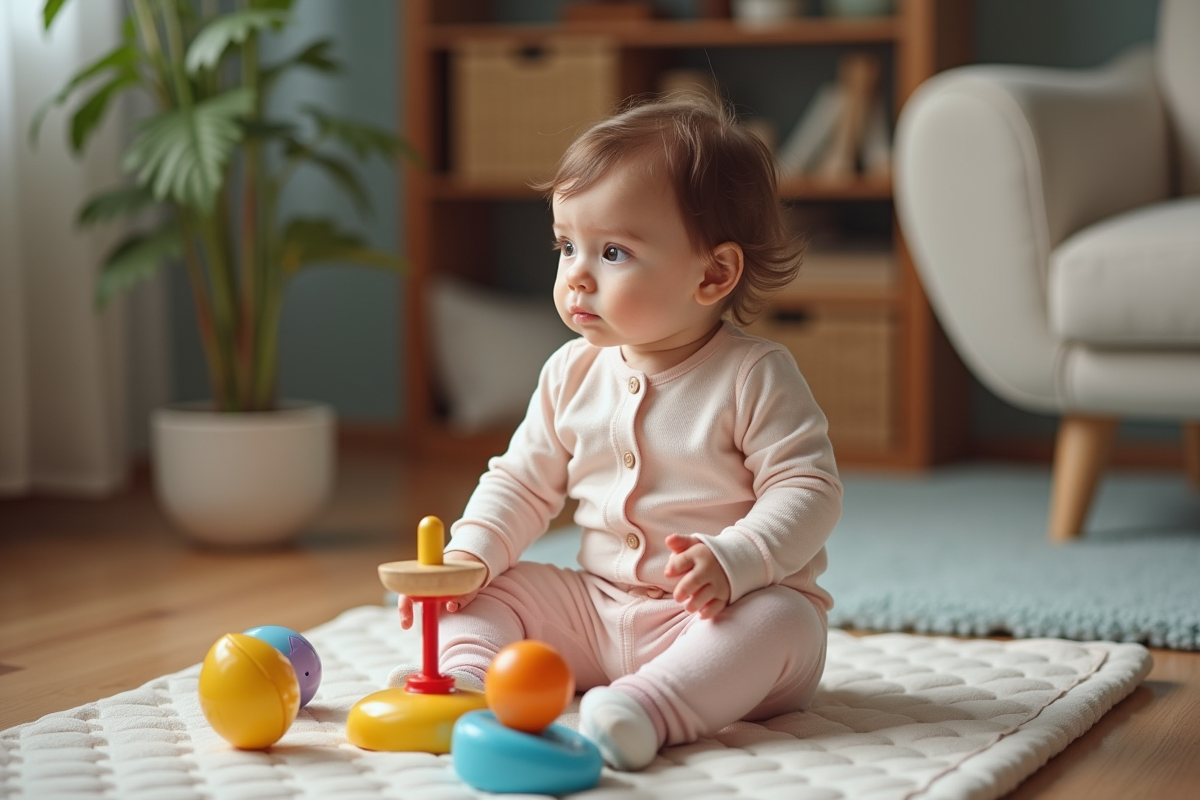 Bébé fille de 10 mois regardant un jouet en rotation