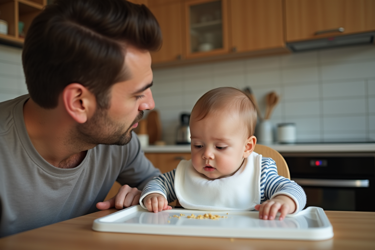 Bébé garçon de 11 mois à la table de cuisine avec son père