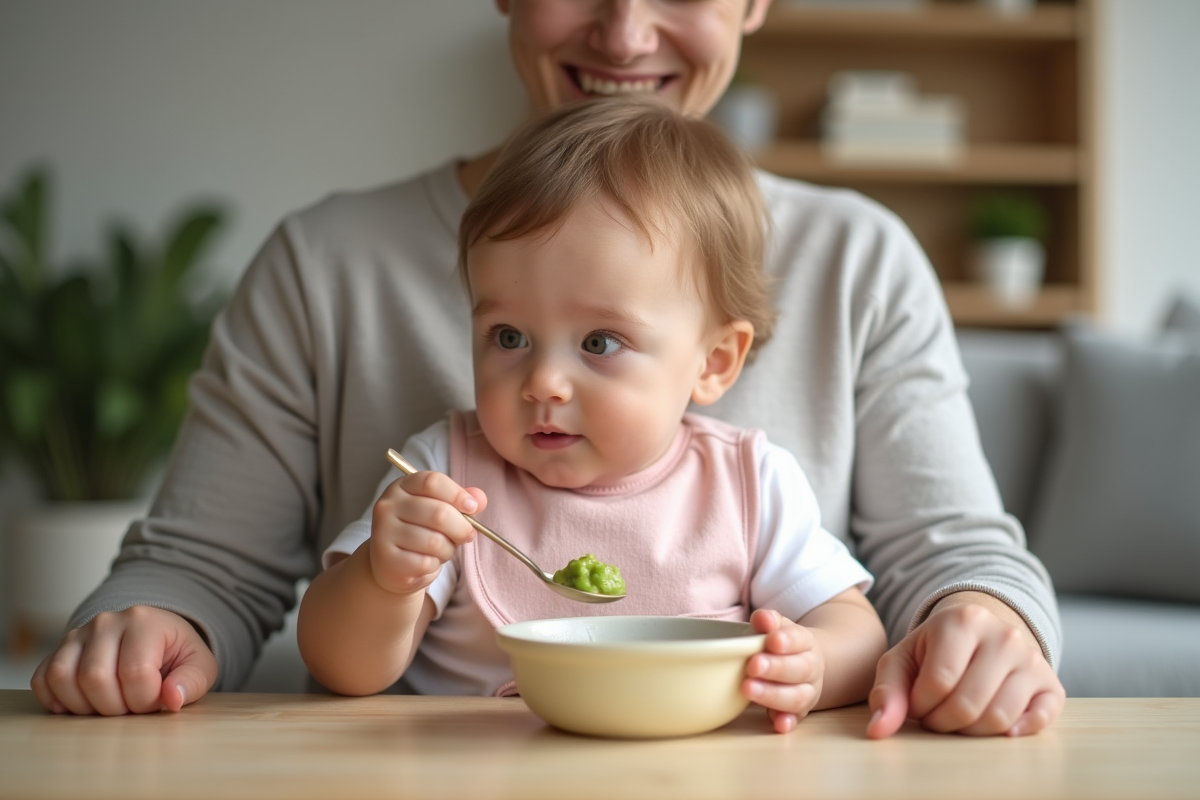 Bébé de sept mois explorant sa première cuillère de petits pois