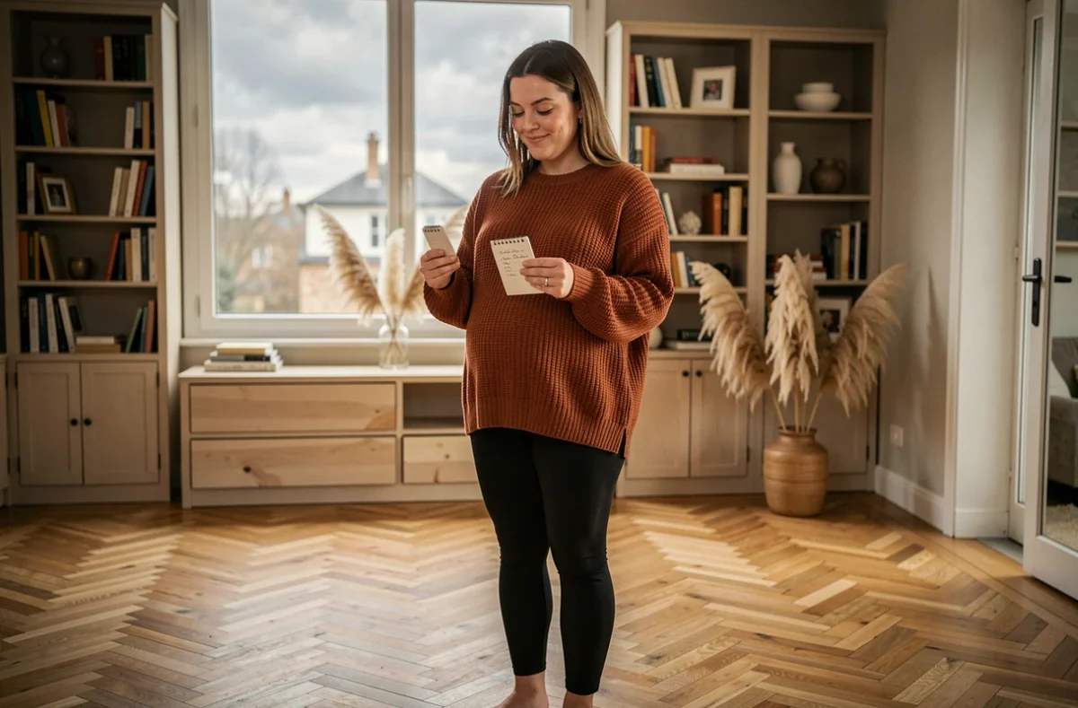 Femme enceinte chez elle consultant un budget pour une séance photo grossesse à Clermont-Ferrand, ambiance cosy et naturelle