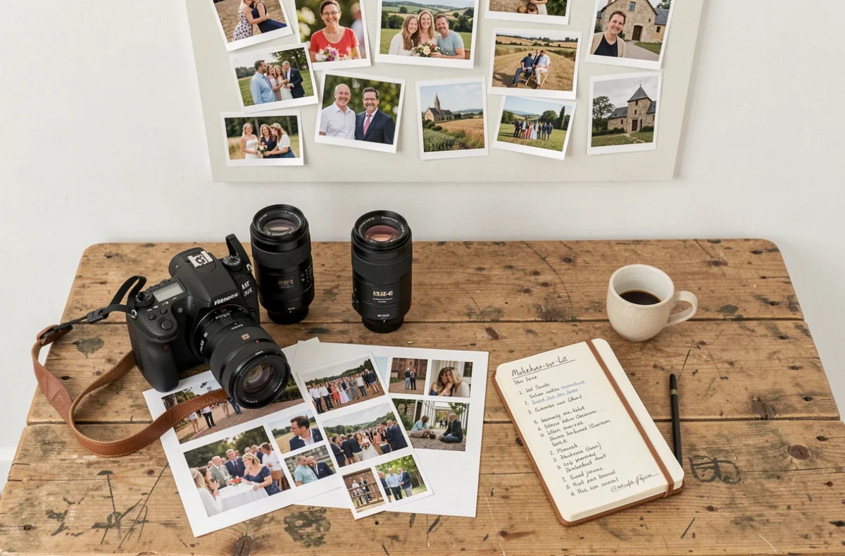 Bureau d'un photographe professionnel à Villeneuve-sur-Lot avec matériel photo et tirages d'événements locaux