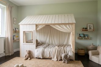 Chambre d'enfant aménagée autour d'un lit cabane en bois blanc avec dais en coton et décoration naturelle scandinave