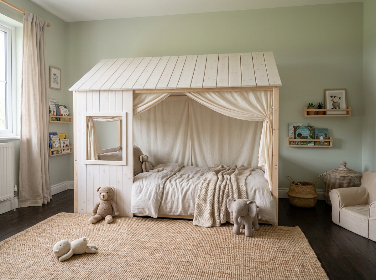 Chambre d'enfant aménagée autour d'un lit cabane en bois blanc avec dais en coton et décoration naturelle scandinave
