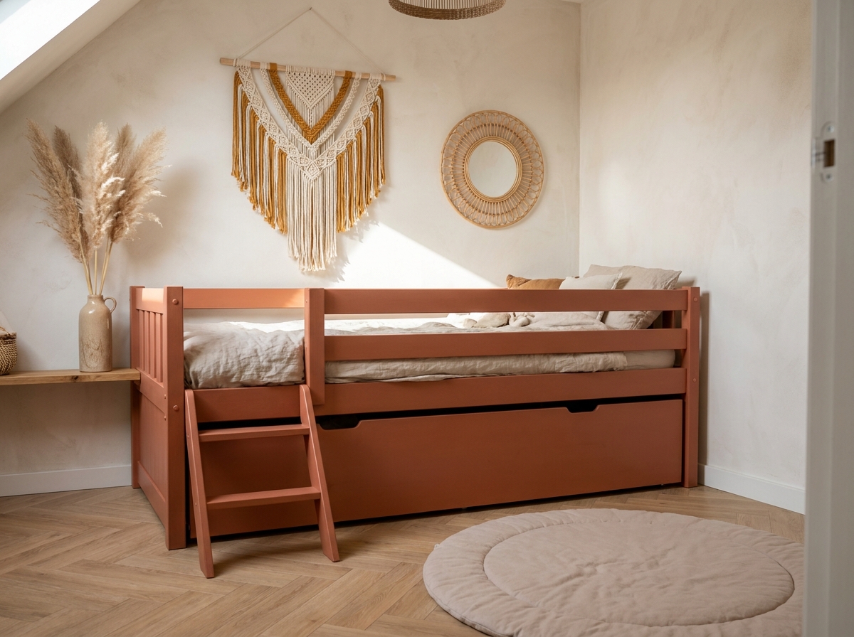 Chambre enfant neutre avec lit cabane terracotta, rangement intégré, décoration bohème en rotin et macramé