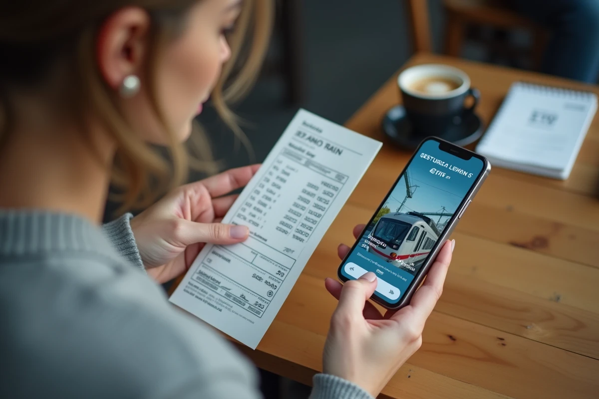 Femme comparant les prix de billets de train sur smartphone pour planifier les vacances scolaires
