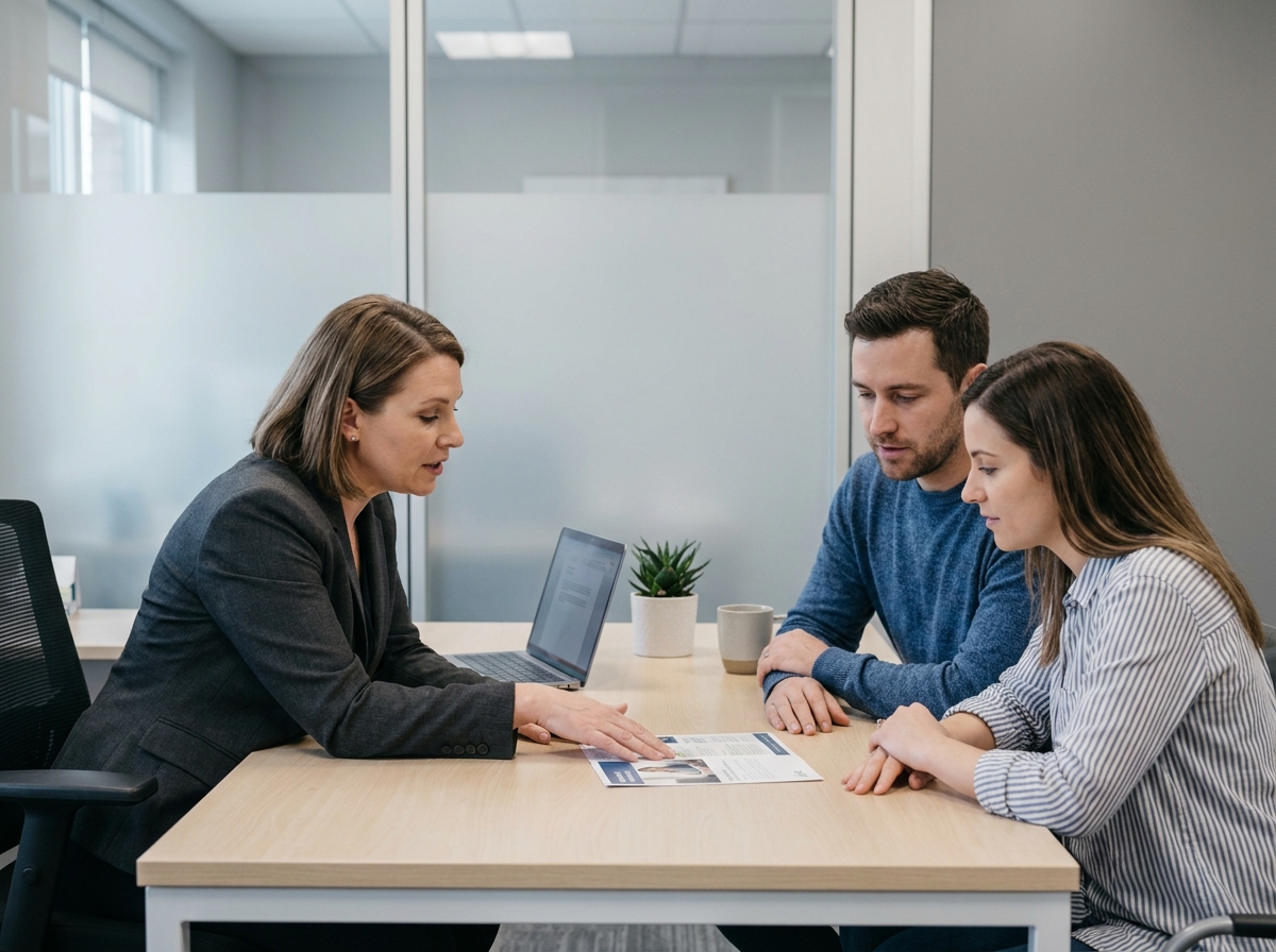 Conseillère en assurance présentant une garantie accident de la vie à un couple en agence