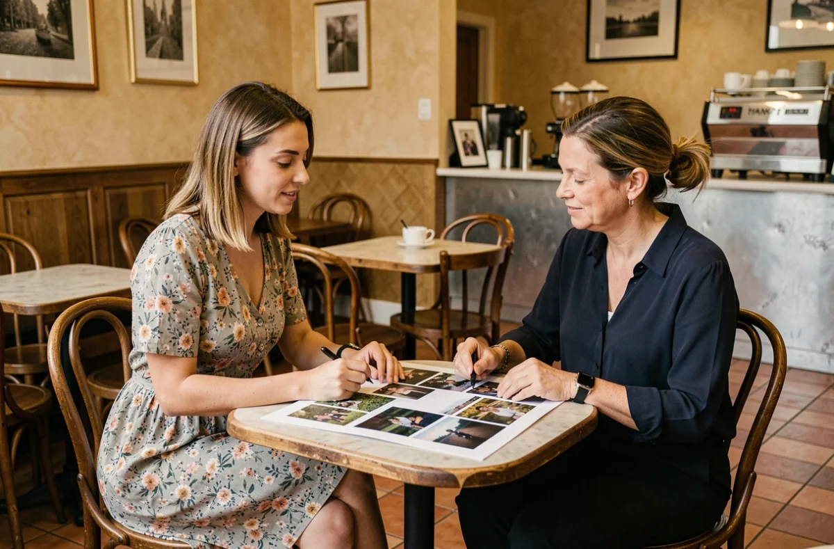 Cliente et photographe en consultation dans un café de Villeneuve-d'Ascq autour d'un portfolio photo