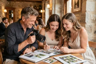 Photographe mariage discutant avec un couple ses albums photo lors d'une consultation à Pau