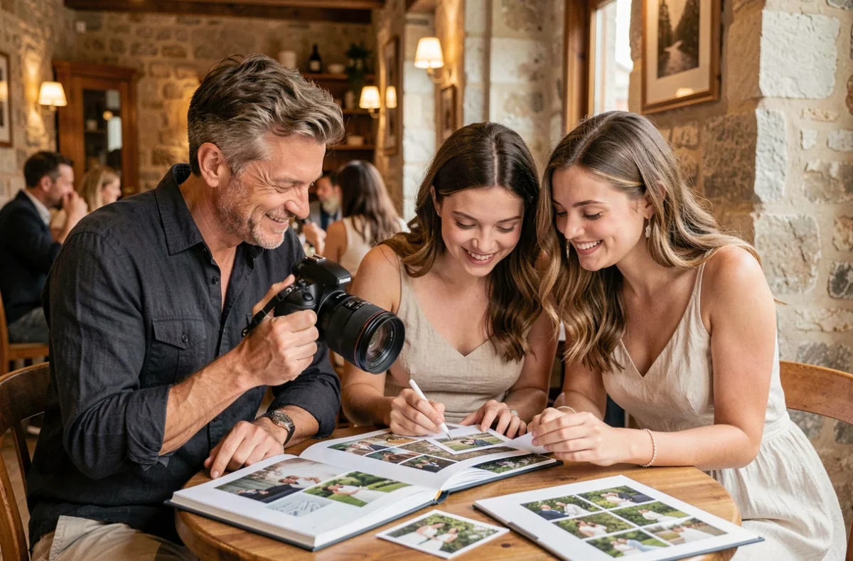 Photographe mariage discutant avec un couple ses albums photo lors d'une consultation à Pau