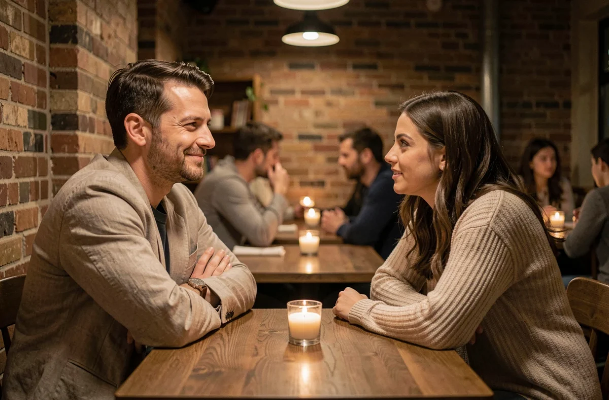 Couple ambigu lors d'un dîner romantique, homme distant et femme attentive, thème de la relation sans engagement