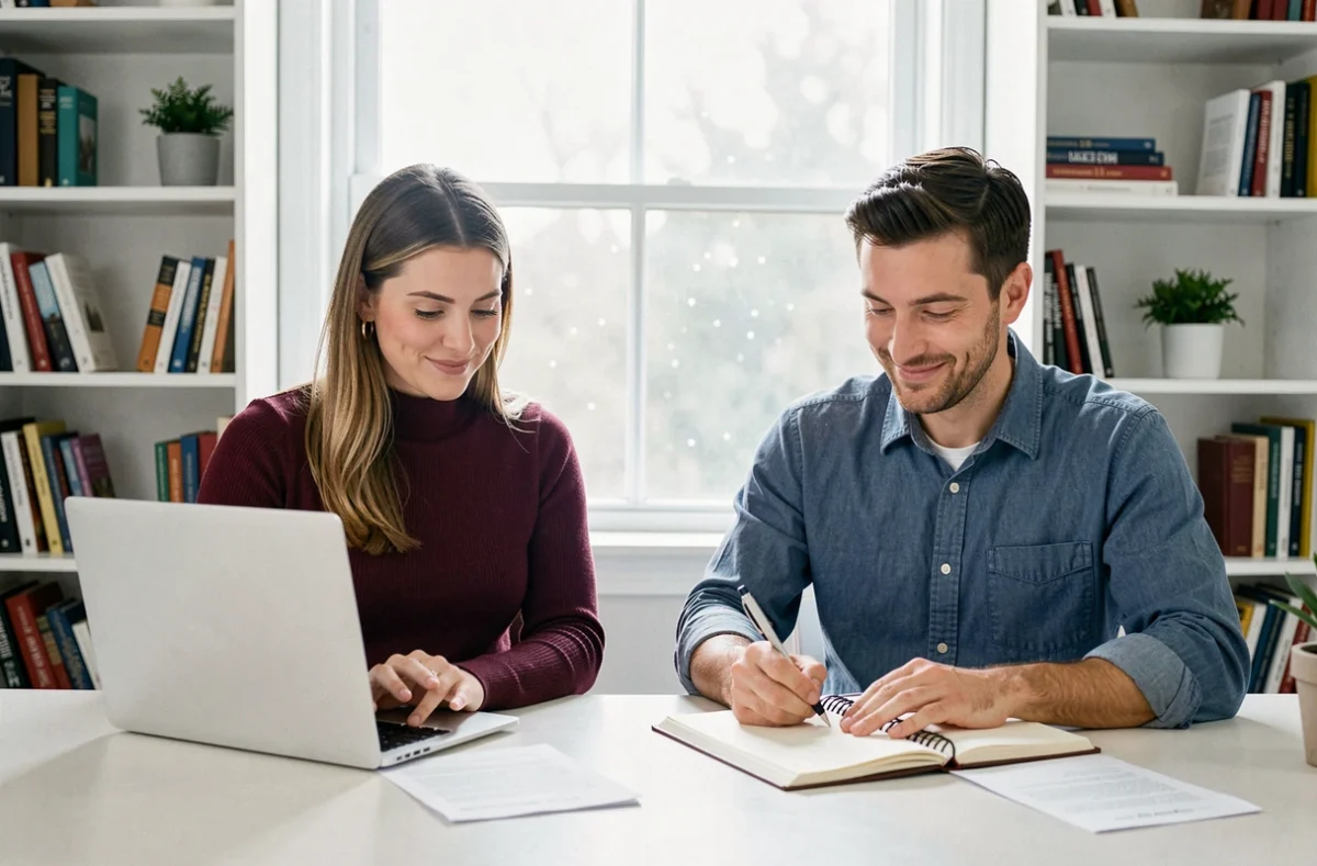 Couple travaillant ensemble dans un bureau à domicile, partageant tâches et organisation avec sérénité