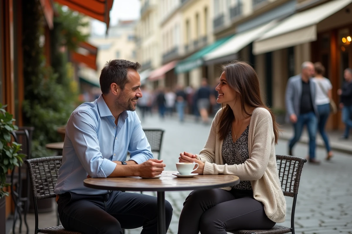 Frédéric Lopez et sa femme au café en plein air à Paris