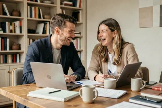 Couple gérant carrière et vie de famille autour d'une table de travail dans un appartement moderne