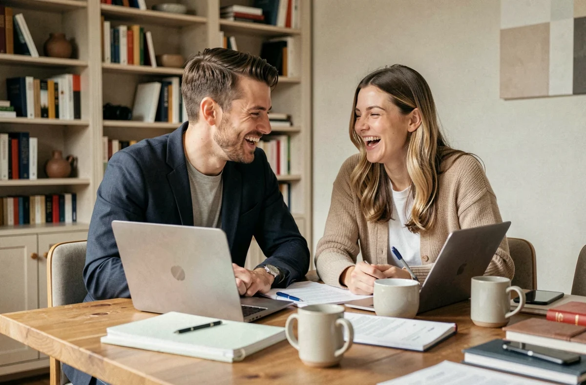 Couple gérant carrière et vie de famille autour d'une table de travail dans un appartement moderne