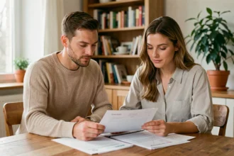Couple consultant des documents administratifs pour un certificat de concubinage à leur domicile