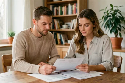 Couple consultant des documents administratifs pour un certificat de concubinage à leur domicile