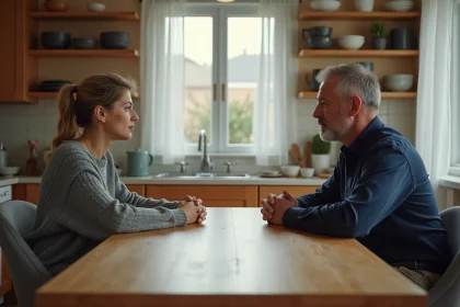 Couple en crise assis aux deux extrémités d'une table de cuisine, illustrant la distance émotionnelle et le contexte des divorces en France