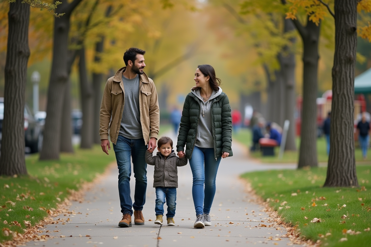 Couple gay marchant avec leur enfant dans un parc