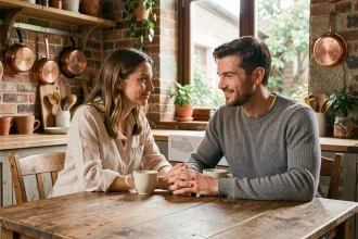 Couple en train de partager un café le matin à une table en bois, mains entrelacées dans une cuisine chaleureuse