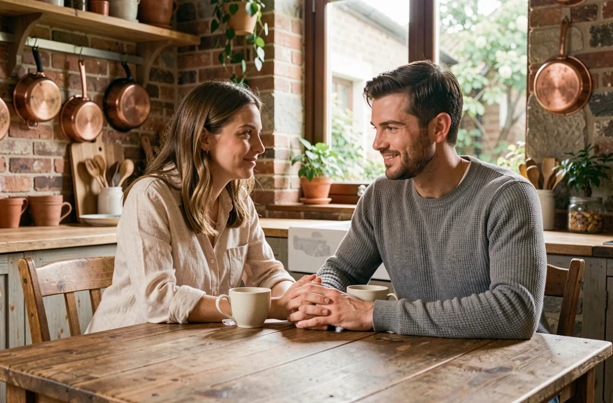 Couple en train de partager un café le matin à une table en bois, mains entrelacées dans une cuisine chaleureuse